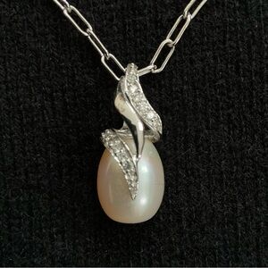 14K White Gold Diamond Pearl Pendant Necklace Paperclip Chain 8.79g